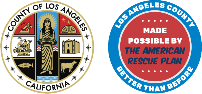 Los Angeles County seal and American Rescue Plan logo, symbolizing community recovery efforts and support initiatives.