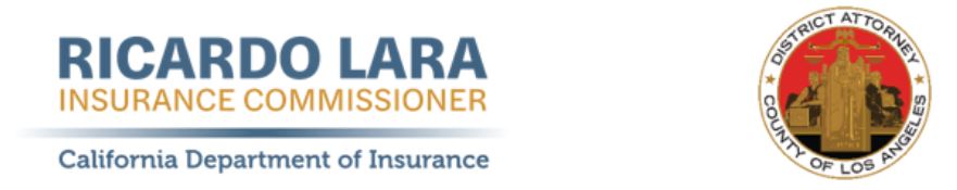 Insurance Commissioner Ricardo Lara logo and Los Angeles County District Attorney logo with weights and measures