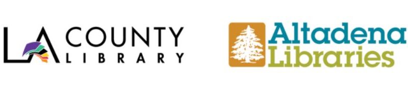 LA County Library logo with colorful paper between the L and A and Altadena Libraries logo with tree banner