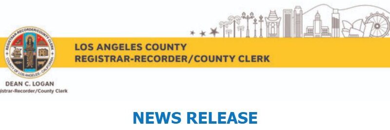 Los Angeles County seal with building, farris wheel, palm trees, stars, light posts and hills on the Registrar-Recorder County Clerk's banner