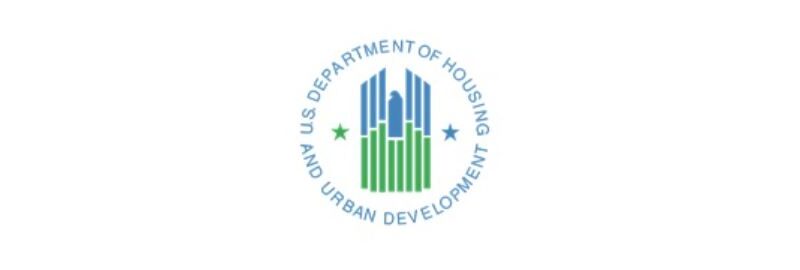 U.S. Department of Housing and Urban Development header with blue lines going up in the middle and green lines going down with green star to left and blue star to right