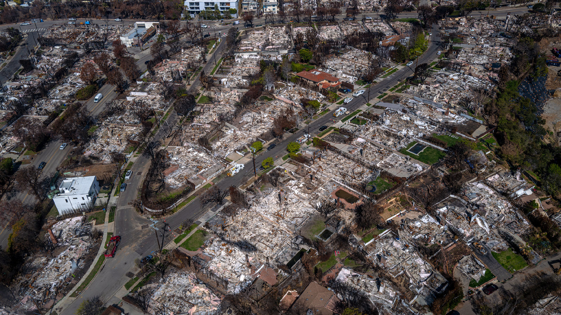 Aerial photo of fire damage to a neighborhood in the Palisades.
