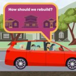 Animated family car on a road. the family is discussing options to rebuild their home.
