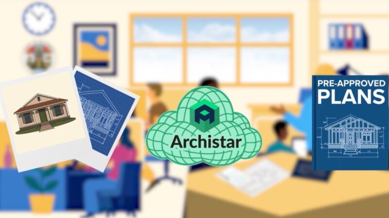 Image of home with blueprints in the back, green globes, and blueprint of house with pre-approval