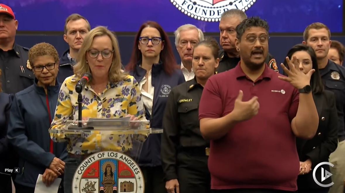 Screengrab from January wildfire press conference with Supervisor Barger speaking at the podium.